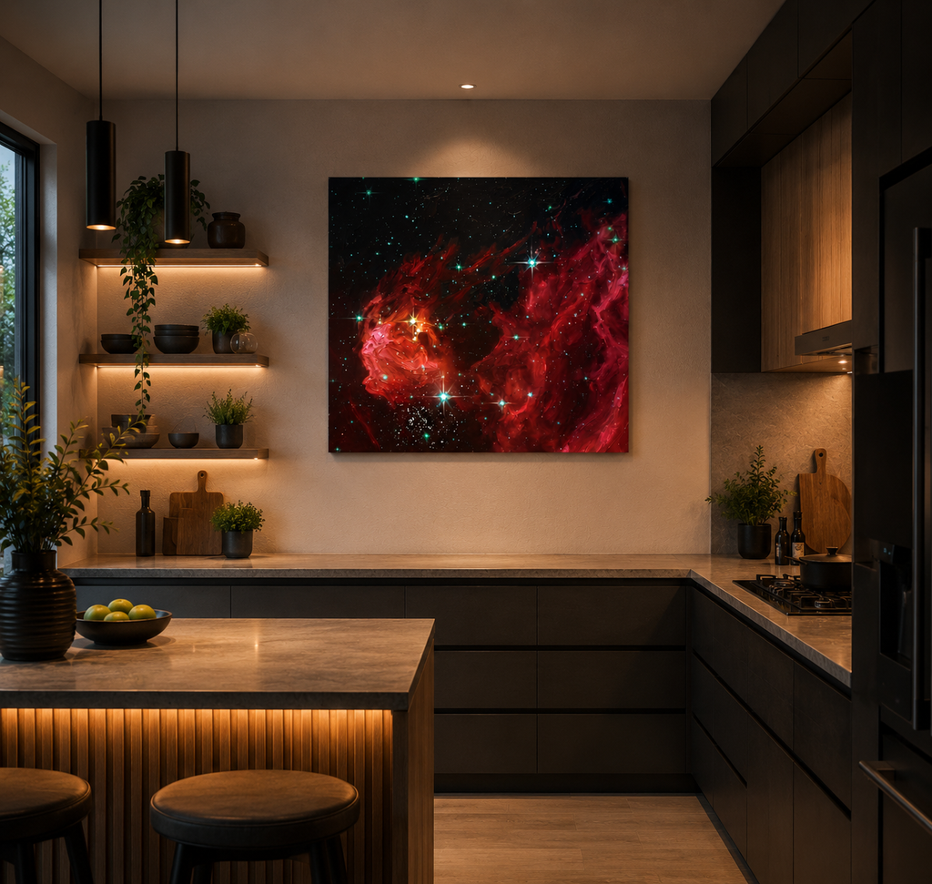Red nebula galaxy wall art print above couch in modern living room